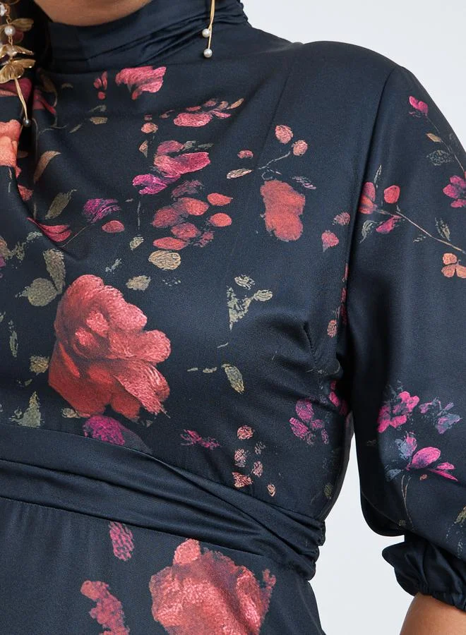 Styli  Plus Size Floral Print Belted A-Line Maxi Dress for Women | Best Price UAE